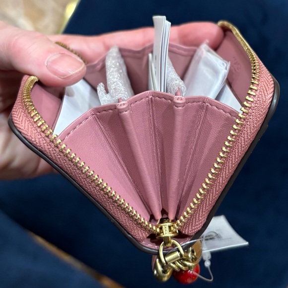 COACH Essential Spazzolato Leather Zip-around Card Case w/ Charms, peony, cherry - Picture 13 of 15